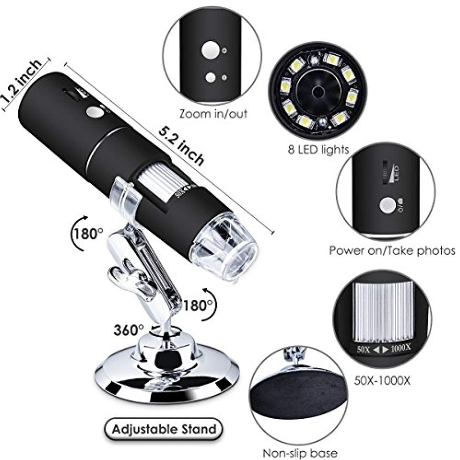 Portable Wireless WiFi Digital Microscope USB 2MP 1080P HD 50x to 1000x Magnification Handheld Endoscope Metal Stand