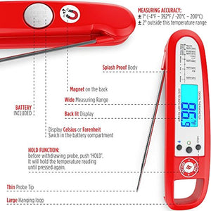 Instant Read Meat Thermometer For Cooking And Grill. UPGRADED WITH BACKLIGHT AND WATERPROOF BODY. Best Ultra Fast Digital Kitchen Probe. Includes Internal BBQ Meat Temperature Guide