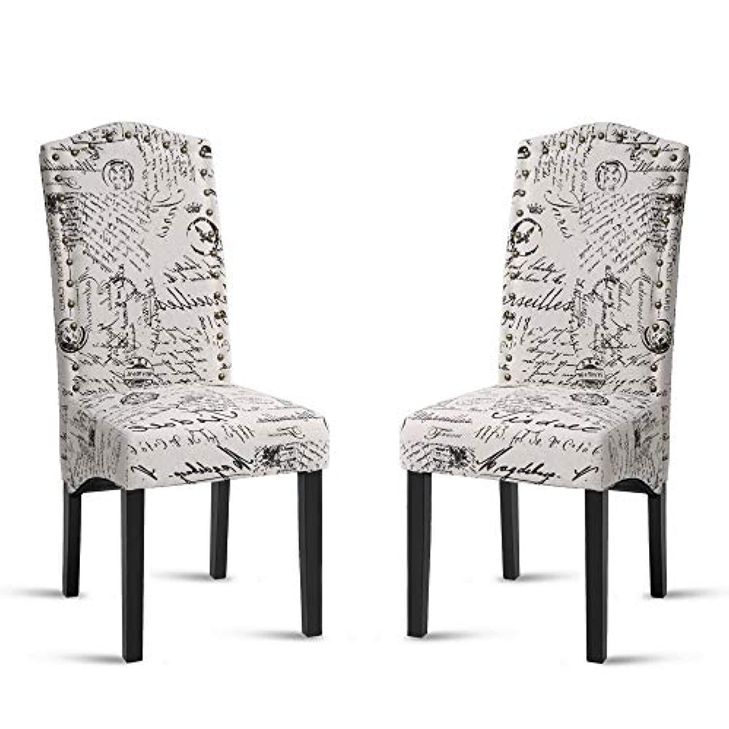 Merax Script Fabric Accent Chair Dining Room Chair with Solid Wood Legs, Beige,Set of 2