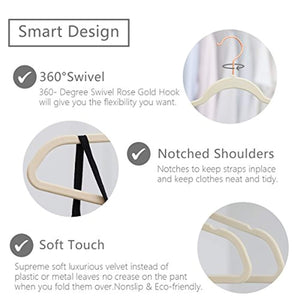 MIZGI Premium Velvet Hangers (Pack of 50) Heavyduty - Non Slip - Velvet Suit Hangers Ivory - Copper/Rose Gold Hooks,Space Saving Clothes Hangers