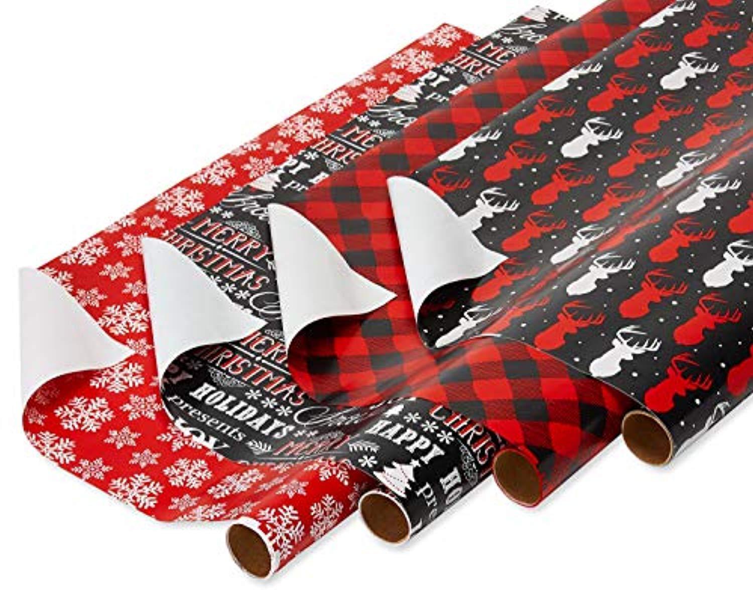 American Greetings Christmas Bulk Gift Wrapping Paper Set with Gridlines and Bows and Gift Tags; Red, Black and White, Plaid, Script, Reindeer and Snowflakes