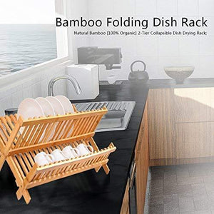 Bamboo Dish Drying Rack, SZUAH Collapsible Dish Drainer, Foldable Dish Rack Bamboo Plate Rack, By 100% Natural Bamboo (17.5" x 13" x 9.6")