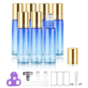 Essential Oil Roller Bottles 10ml (Gradient Blue, Glass, Pack of 6) - Stainless Steel Roller, Individual Package per Bottle, Opener n Labels Included - Handy Picks