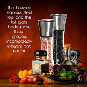 K Basix Salt and Pepper Shaker Grinder Set of 2-6 Oz Capacity, Stainless Steel Top and Tall Glass Body