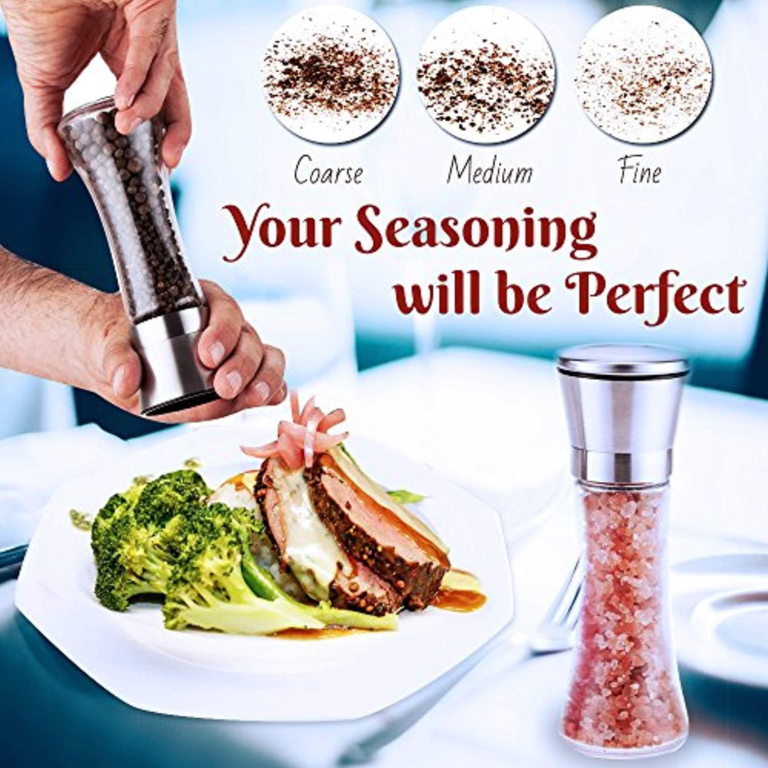 Salt and Pepper Grinder Set -Dry Spice Mill-Brushed Stainless Steel Glass- Pepper Mill and Salt Mill-Adjustable Ceramic Motor-Peppercorns Sea Salt-Fine and Coarse Ground by Surround Point