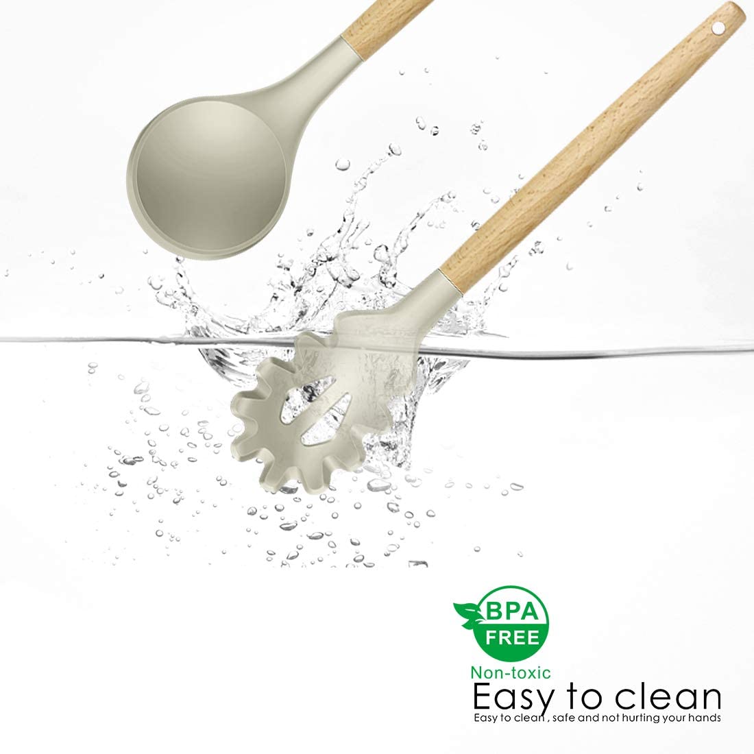 14 Pcs Silicone Cooking Utensils Kitchen Utensil Set, 446°F Heat Resistant,Turner Tongs,Spatula,Spoon,Brush,Whisk. Wooden Handles Khaki Kitchen Gadgets Tools Set for Non-stick Cookware (BPA Free)