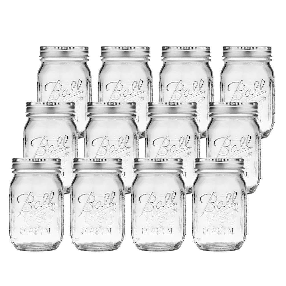 Tebery 12 Pack Ball Printed Glass Jars 16 oz Mason Glass Jars with Regular Mouth Canning Glass Jars with Lids