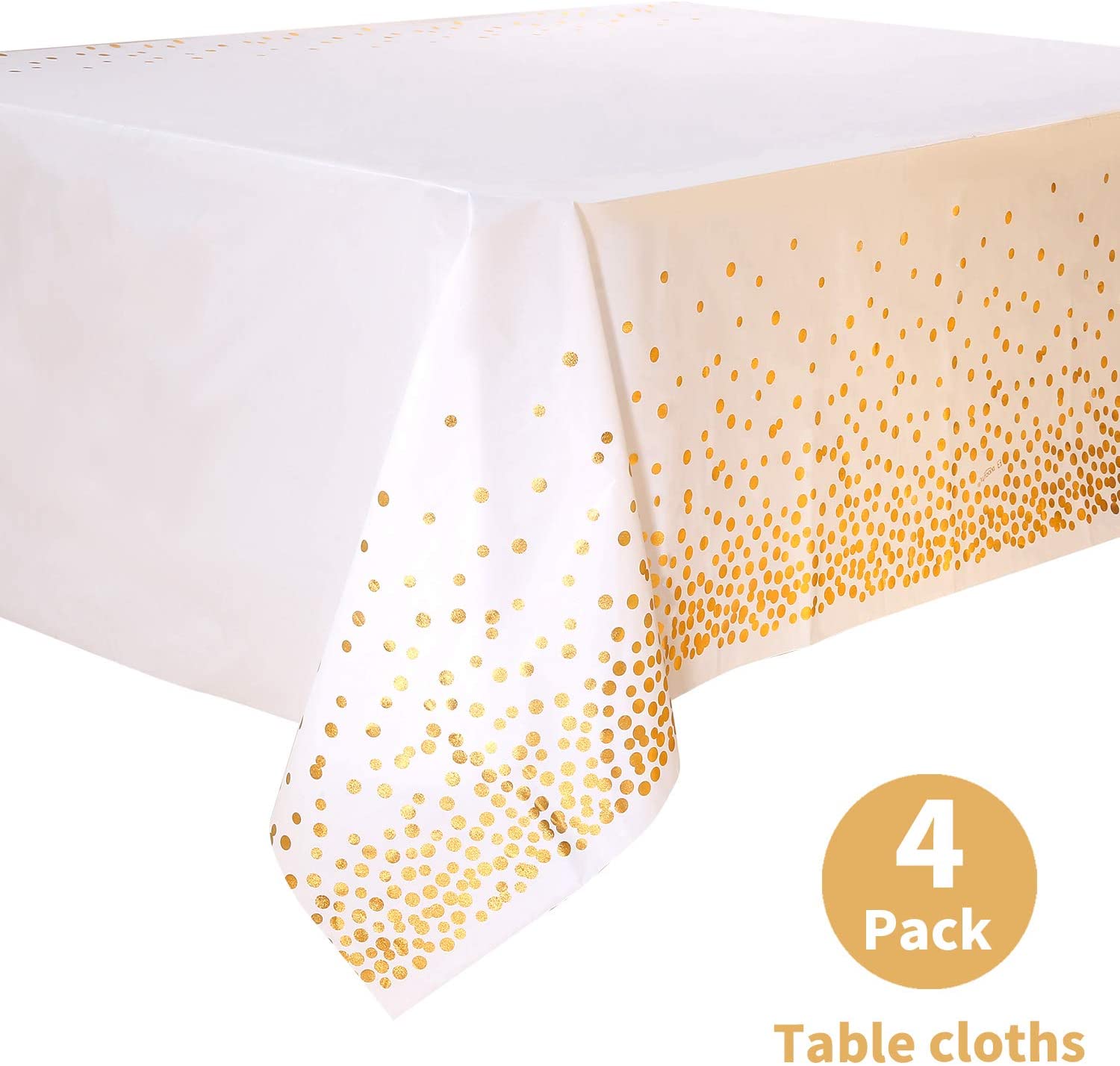 Duocute White Disposable Party Tablecloth for Rectangle Table, Gold Stamping Dot Confetti Rectangular Plastic Table Cover, for Bridal Shower, Engagement, Wedding, 54" x 108", Pack of 4
