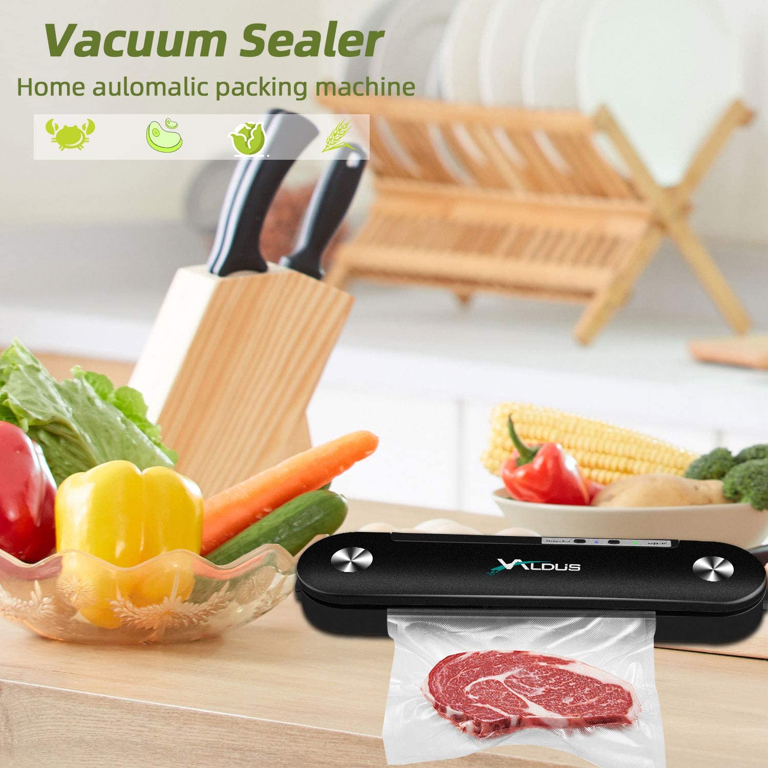 GOITNG Black Vacuum Sealer Machine with 20 Pcs Vacuum Bags Automatic Food Sealers Machine Vacuum Packing Machine for Food Preservation Storage
