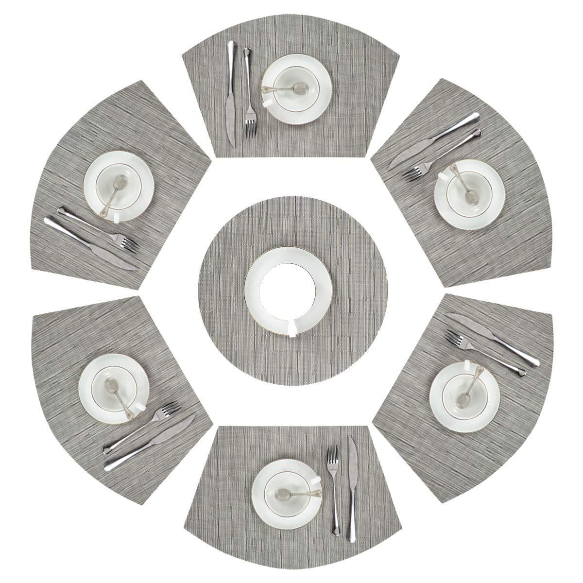 PAUWER Grey Round Table Placemats Set of 7 Wedge and Round Placemats Set for Round Dining Table Washable Woven Vinyl Placemats Set