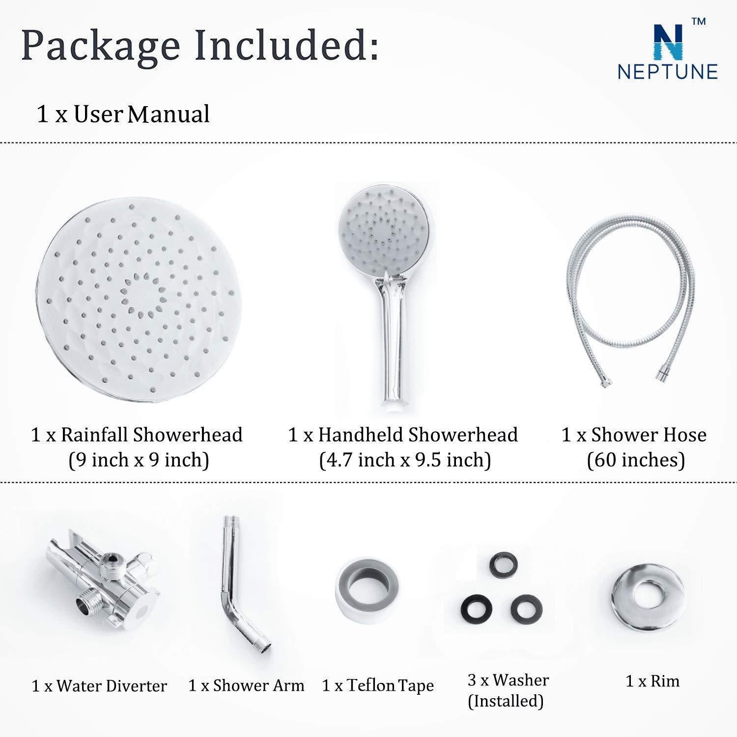 Neptune Luxury 3-Way 2-In-1 High Pressure Showerhead with Handheld Combo 9-Inch Large Adjustable Rainfall Shower Head and Multi-Setting 4.7-Inch Handheld Spray Use 2 Showerheads Separately or Together