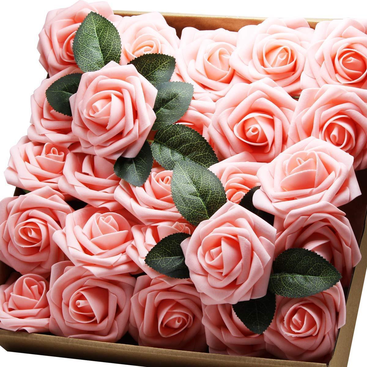 YOUR GIFT Your Deco Flowers Bridal DIY Bouquet Real Touch Artificial Roses 25 Pcs Hotel/Wedding Floral/Garden Craft Baby Shower Home Decor (red)
