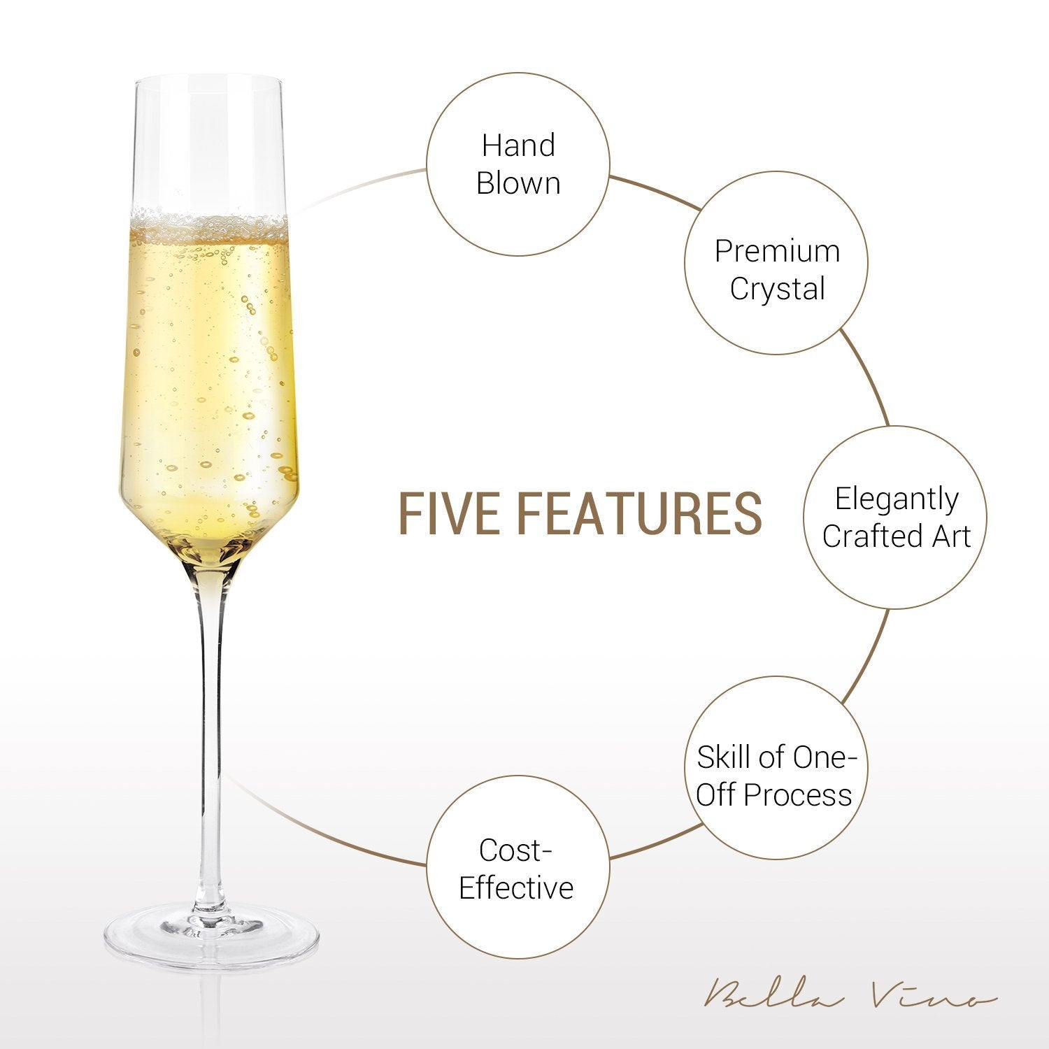 Hand Blown Crystal Champagne Flutes - Bella Vino Elegant Champagne Glasses Made from 100% Lead Free Premium Crystal Glass，Perfect for Any Occasion,Great Gift, 10", 7 Oz, Set of 2, Clear