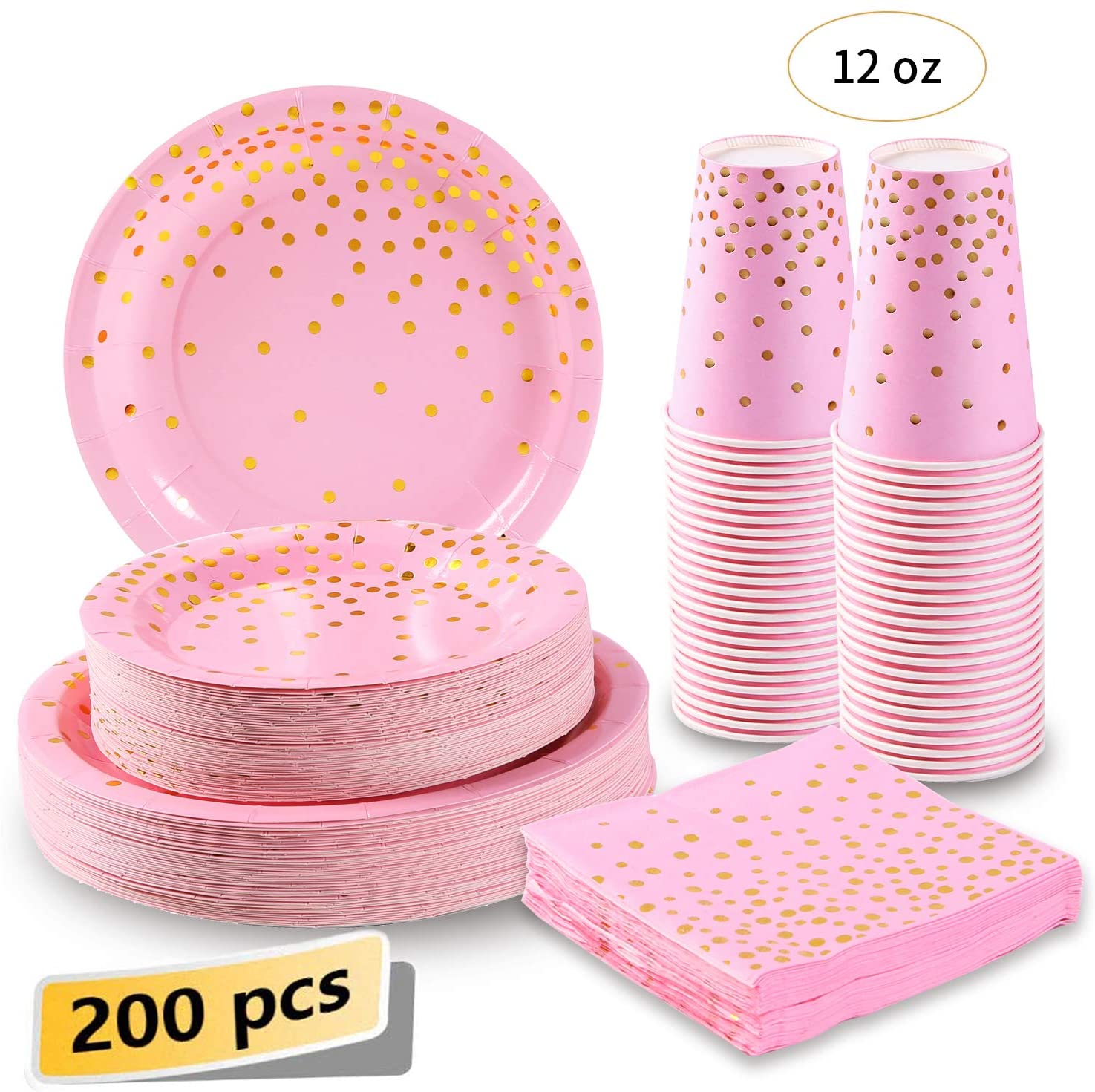 Duocute Pink and Gold Party Supplies 200Pcs Disposable Pink Paper Plates 12oz Cups Napkins Dinnerware Set Golden Dot Theme Party Wedding Bachelorette Girl Birthday Baby Shower, Serves 50
