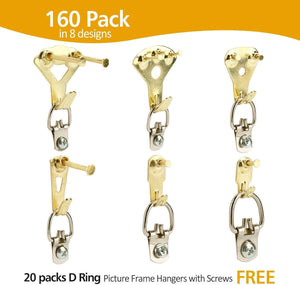 Picture Hangers, Picture Hanging Kit, 168 Pieces Picture Frame Hangers for Heavy Duty Picture Frame with Wall Mounting Nails, Tin Box Included (Golden)
