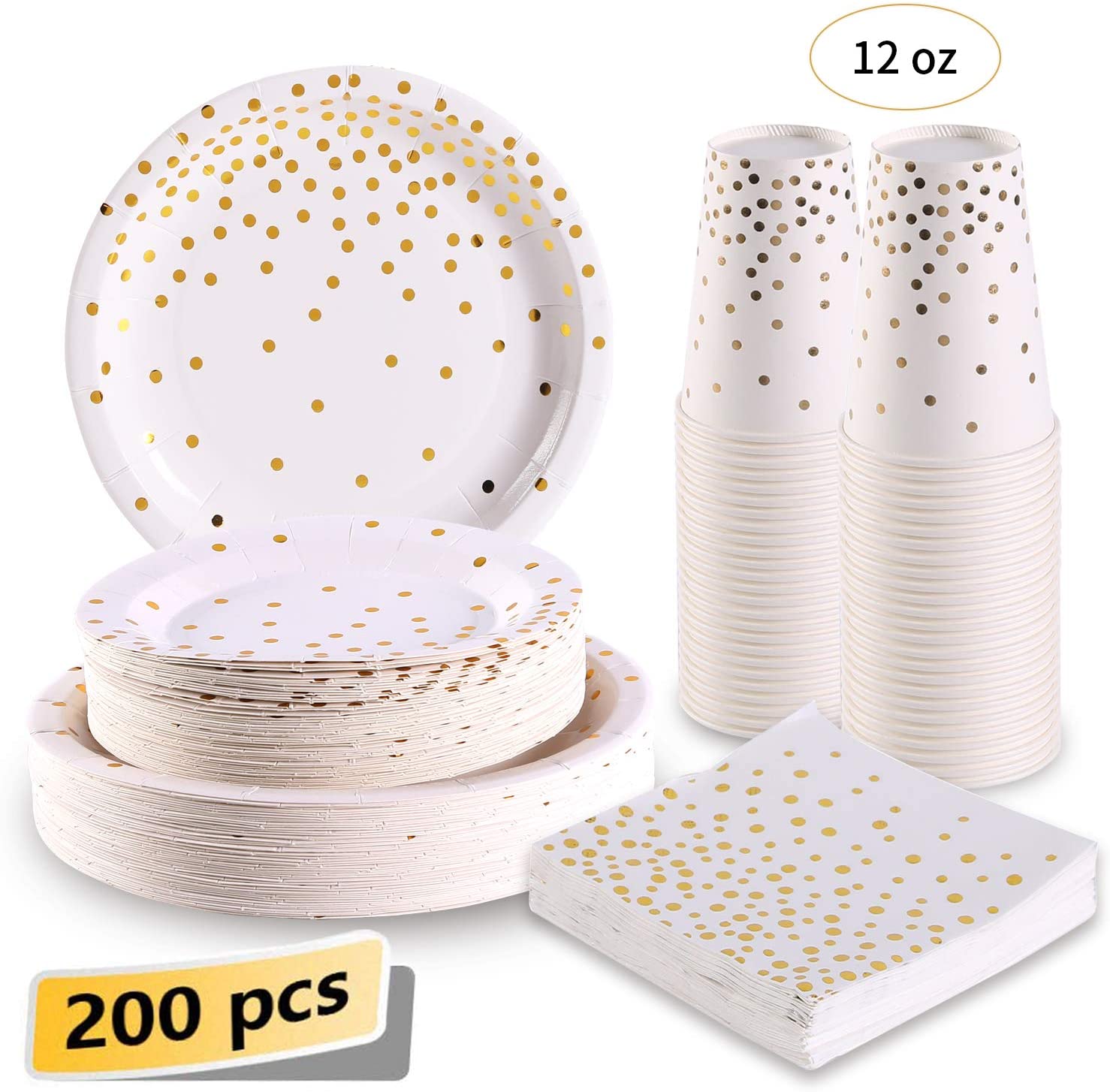 Duocute Pink and Gold Party Supplies 200Pcs Disposable Pink Paper Plates 12oz Cups Napkins Dinnerware Set Golden Dot Theme Party Wedding Bachelorette Girl Birthday Baby Shower, Serves 50