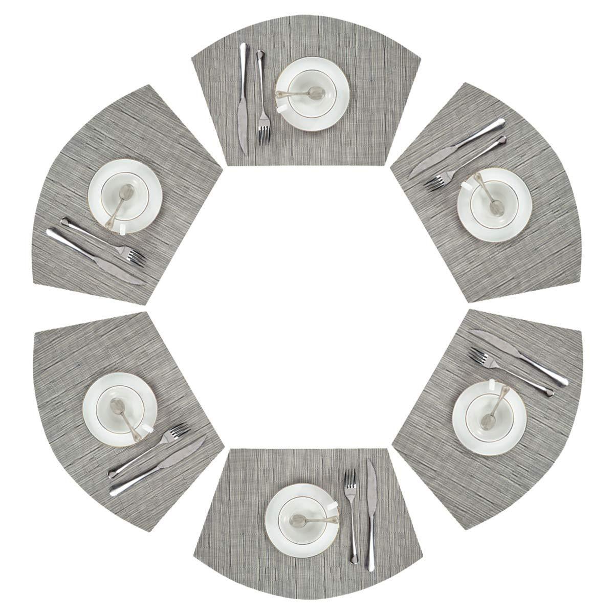 PAUWER Grey Round Table Placemats Set of 7 Wedge and Round Placemats Set for Round Dining Table Washable Woven Vinyl Placemats Set