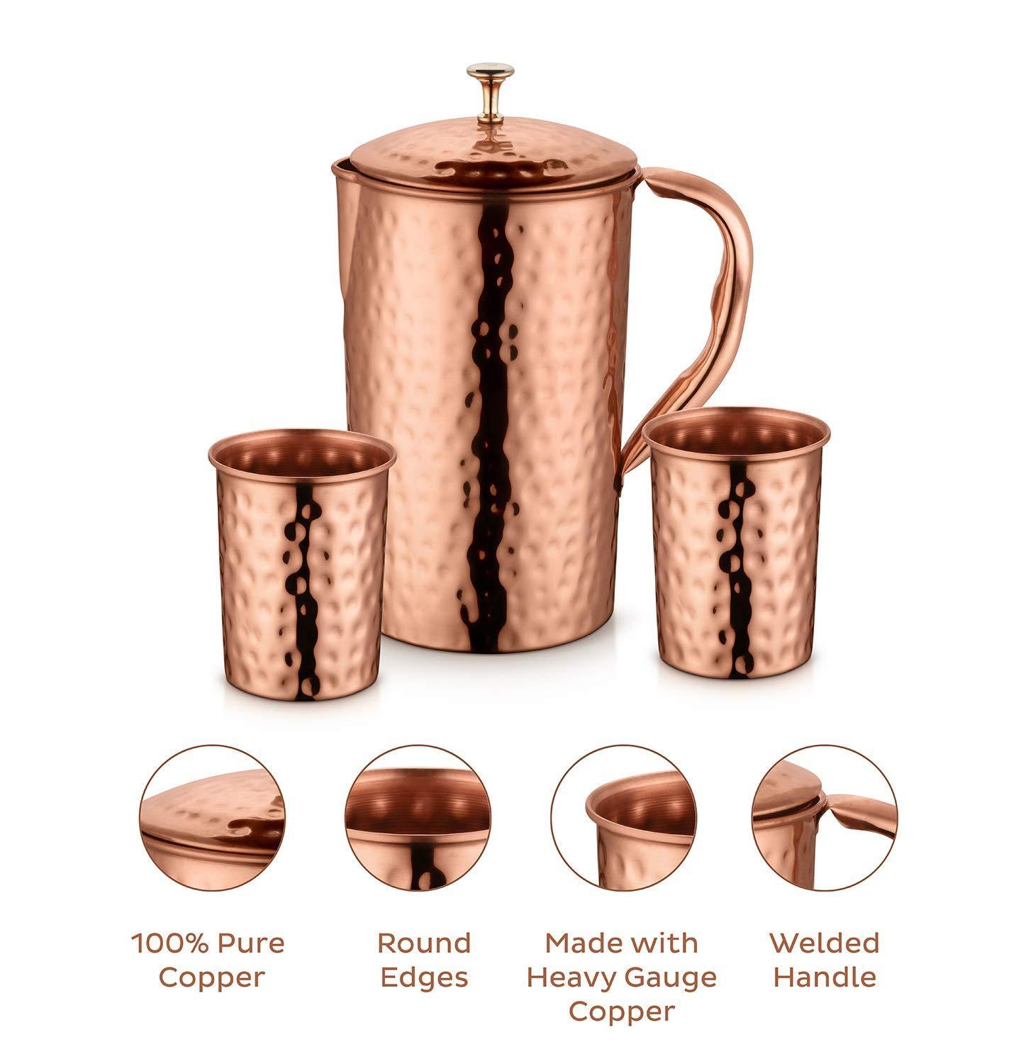 AVADOR Handcrafted 100% Pure Copper Jug Pitcher with 2 Glass Drinkware Hammered Finish Ayurveda Health Benefit