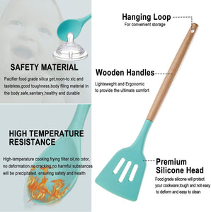 Kitchen Utensil Set Silicone Cooking Utensils, CROSDE 15pcs Kitchen Utensils Set Tools Wooden Handles Spatula Set Cookware Turner Tongs Spatula Spoon Kitchen Gadgets with Holder - Teal