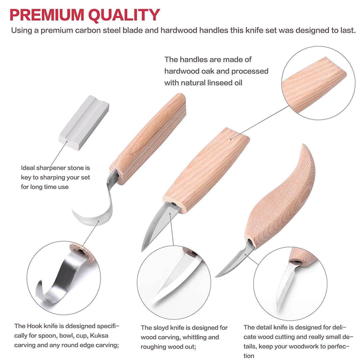 Wood Carving Tool Kit Boy Scout | Sloyd Hook Detail Knives | Hardwood Handle Grips Carbide Blades, Bonus Sharpener Included All Inclusive 4 Piece Set
