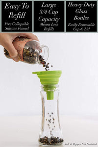 Salt and Pepper Grinder Set - Mill and Shakers Kit - Brushed Stainless Steel, Tall Premium Glass and Adjustable Ceramic Grinding System for Cooking Spices - Perfect on Kitchen by Braviloni