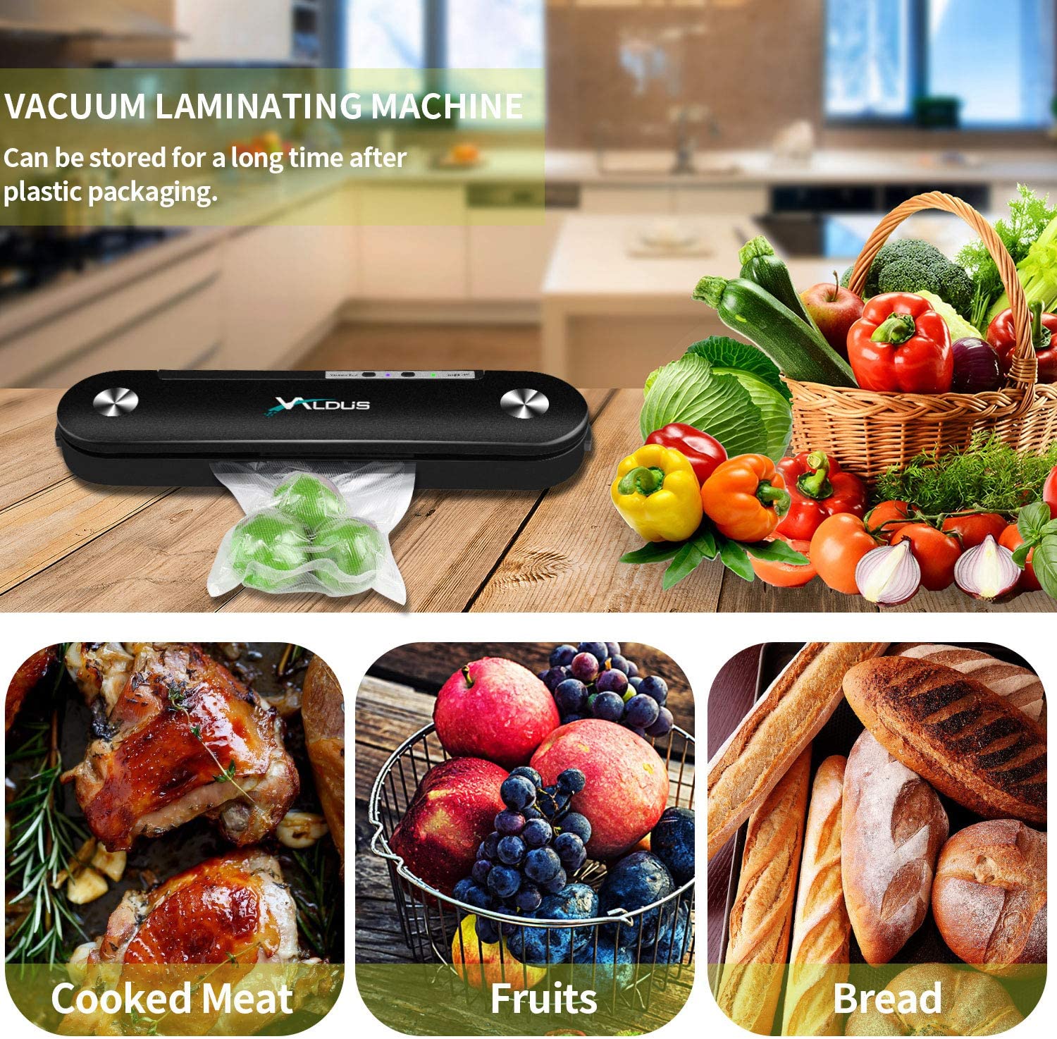 GOITNG Black Vacuum Sealer Machine with 20 Pcs Vacuum Bags Automatic Food Sealers Machine Vacuum Packing Machine for Food Preservation Storage