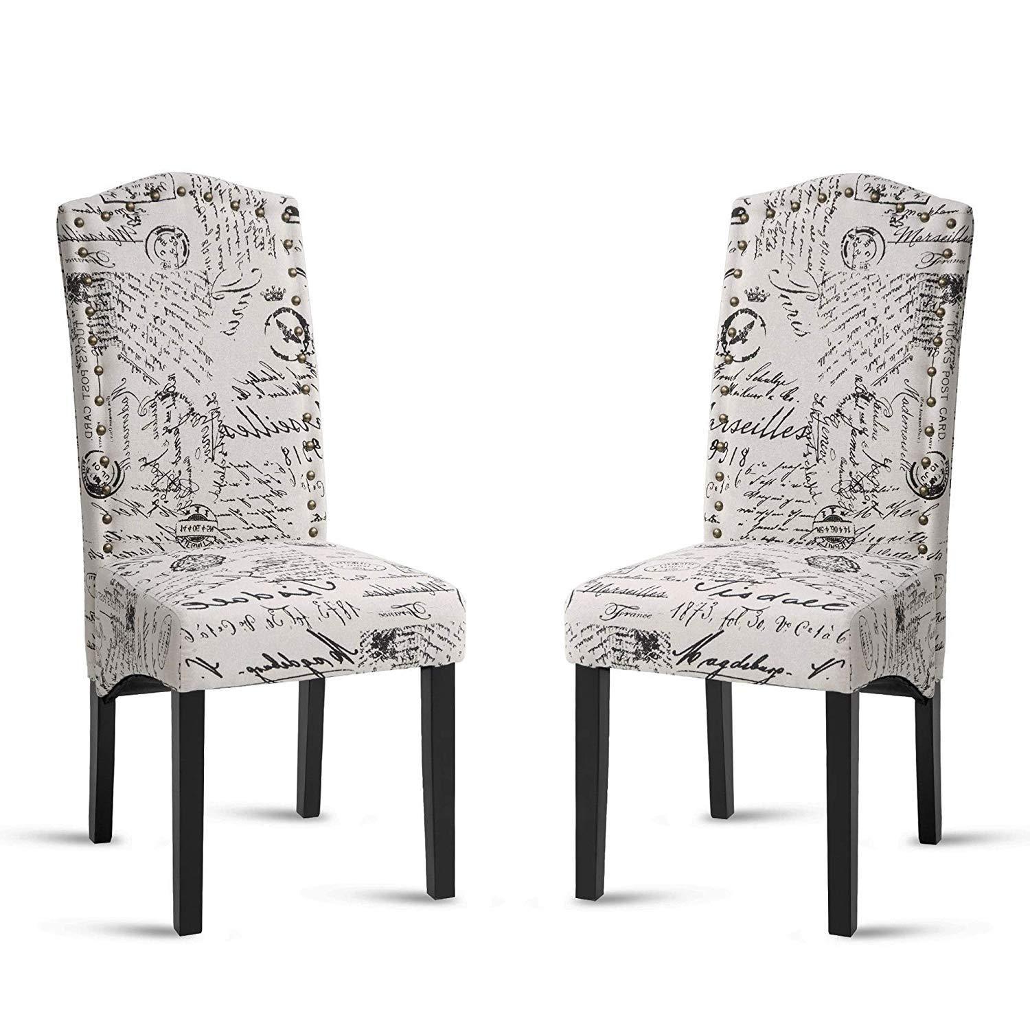 Merax Script Fabric Accent Chair Dining Room Chair with Solid Wood Legs, Beige,Set of 2