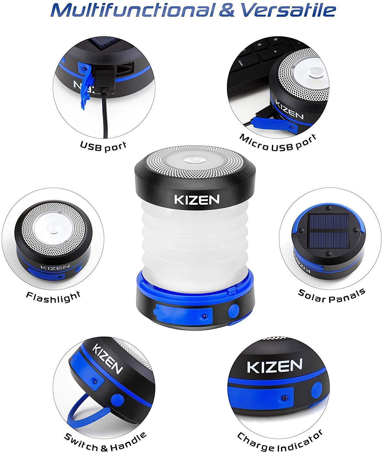 Kizen Solar Powered LED Camping Lantern - Solar or USB Chargeable, Collapsible Space Saving Design, Emergency Power Bank, Flashlight, Water Resistant.