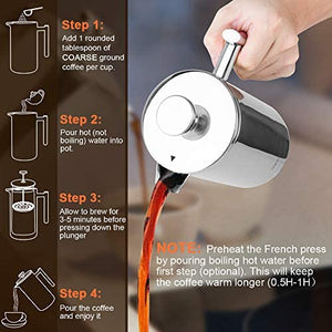 Secura French Press Coffee Maker, 304 Grade Stainless Steel Insulated Coffee Press with 2 Extra Screens, 34oz (1 Litre), Silver