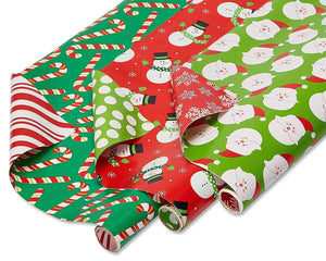 American Greetings Christmas Bulk Gift Wrapping Paper Set with Gridlines and Bows and Gift Tags; Red, Black and White, Plaid, Script, Reindeer and Snowflakes