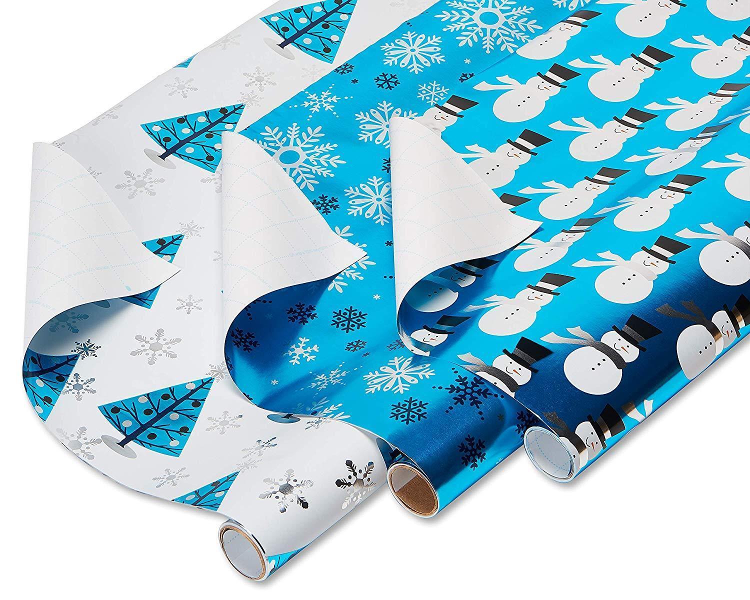 American Greetings Christmas Bulk Gift Wrapping Paper Set with Gridlines and Bows and Gift Tags; Red, Black and White, Plaid, Script, Reindeer and Snowflakes