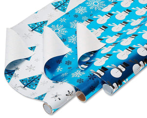 American Greetings Christmas Bulk Gift Wrapping Paper Set with Gridlines and Bows and Gift Tags; Red, Black and White, Plaid, Script, Reindeer and Snowflakes